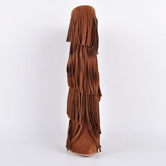 Women's Fringed Knee High Boots Pointy Toe Stilettos Faux Suede High Heels Boot - Picture 2 of 7